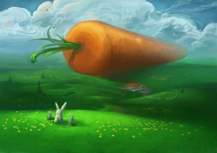 Giant carrot over a green landscape with rabbits