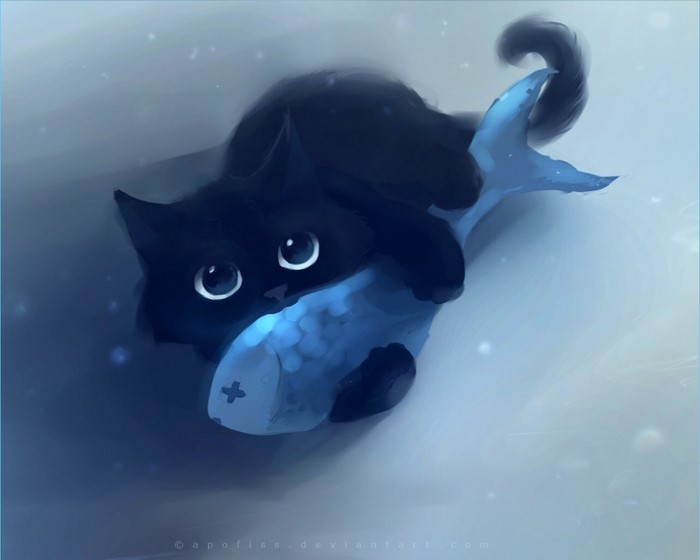 Black cat holding a blue fish