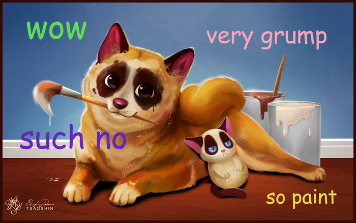 Cute Cartoon Dog and Cat with Paintbrush