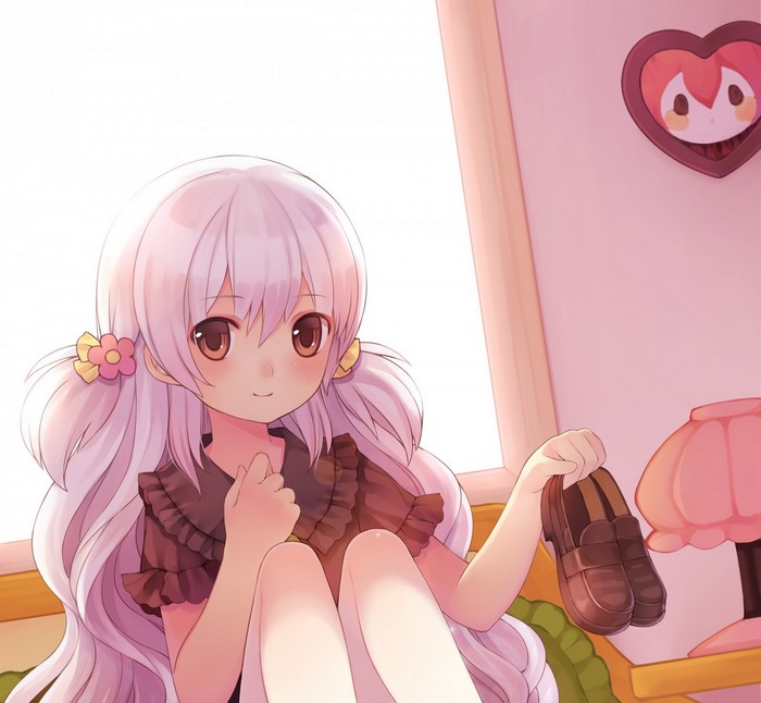 Anime girl with pink hair holding shoes