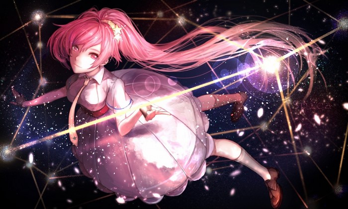 Anime girl with pink hair in a starry background