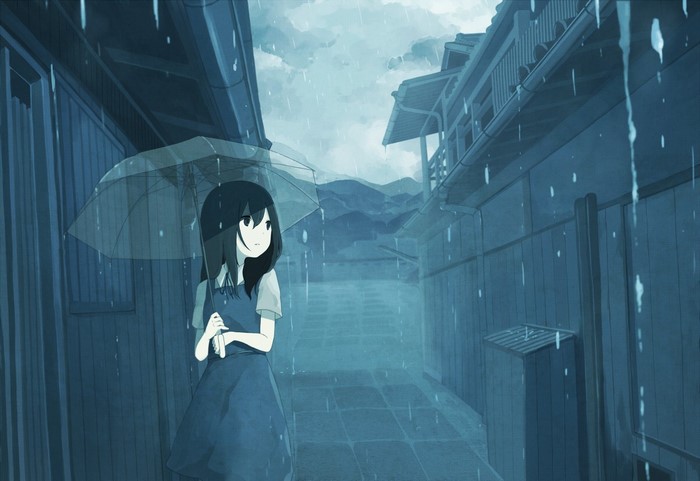 Anime girl with umbrella in the rain