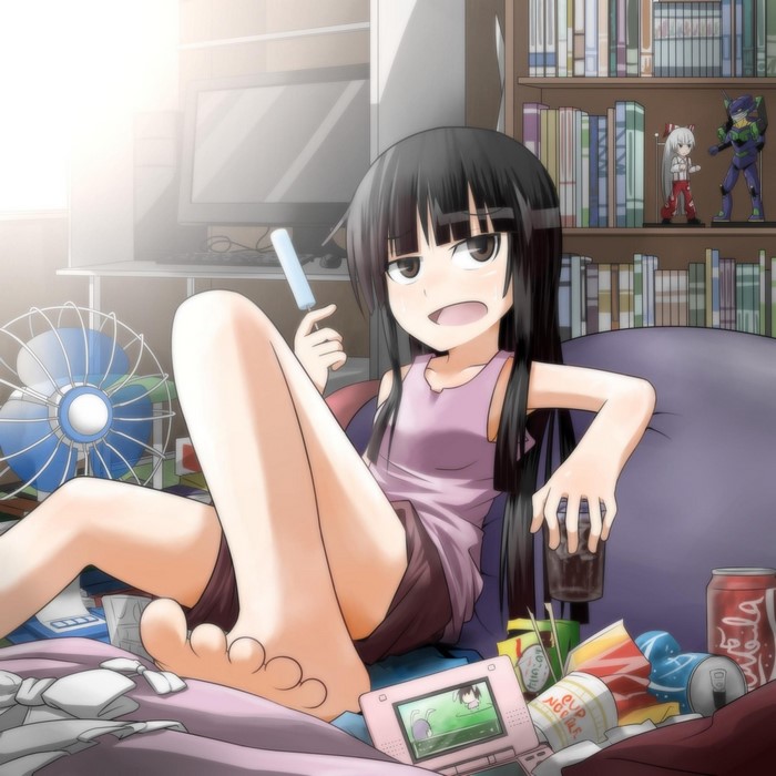 Anime girl with black hair eating ice cream in a messy room