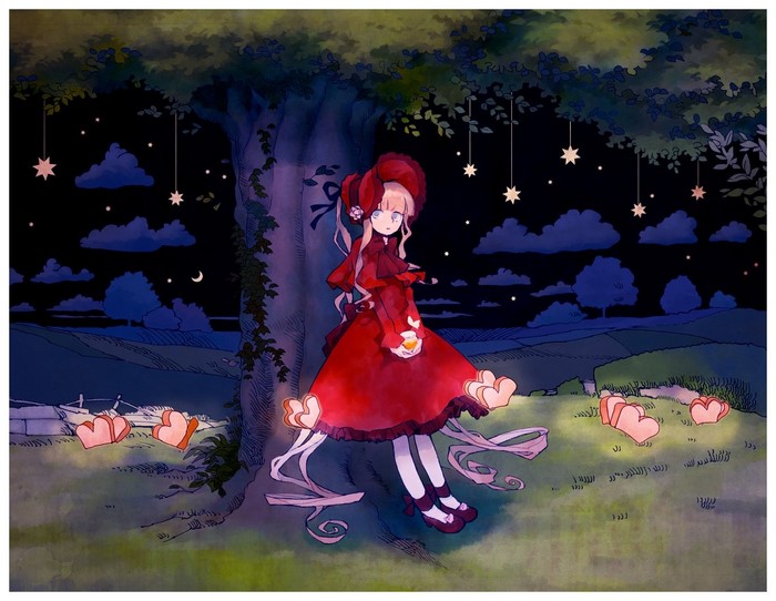 Anime girl in red dress under starry night sky