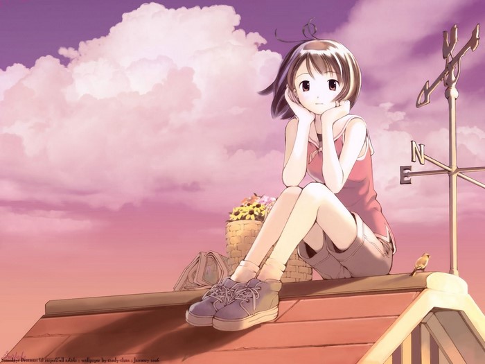 Anime girl sitting on a rooftop with a weather vane