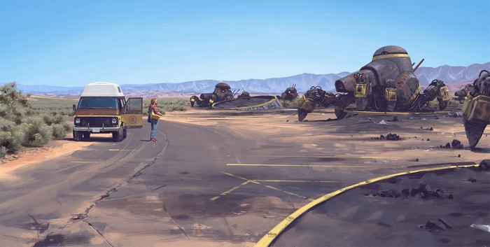Girl and van in desert with abandoned robots