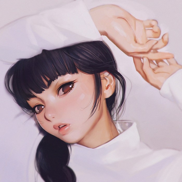 Artwork of a woman with black hair by Ilya Kuvshinov