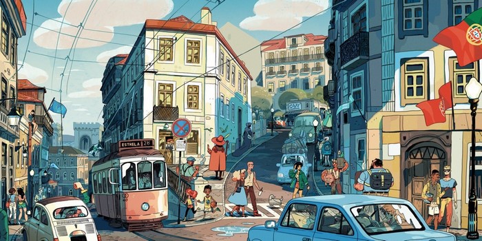Street scene in Portugal with tram and people