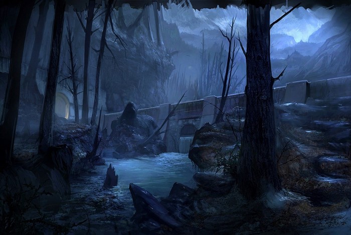 Dark fantasy forest with a dam and river