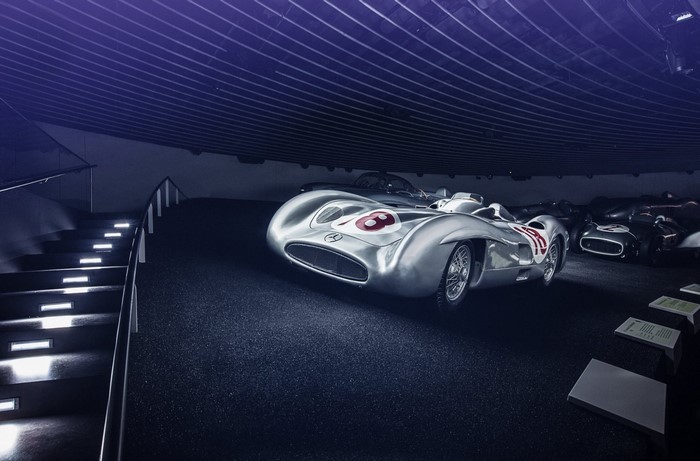 Silver Mercedes-Benz race car with number 8