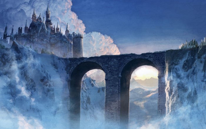 Fantasy castle on a cliff connected by a stone bridge