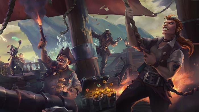 Sea of Thieves pirates celebrating with treasure