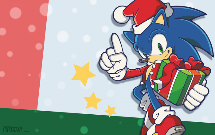 Sonic the Hedgehog from Sega in Christmas attire with presents