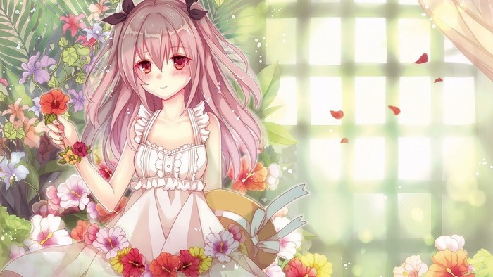 Anime girl with pink hair in a white dress surrounded by flowers