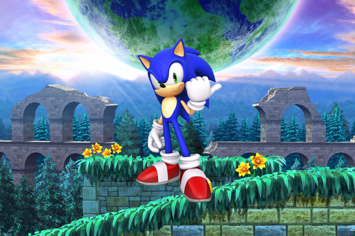 Sonic the Hedgehog Standing on Ruins with Earth in Background