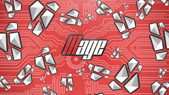 Mage logo with abstract geometric shapes on circuit board pattern