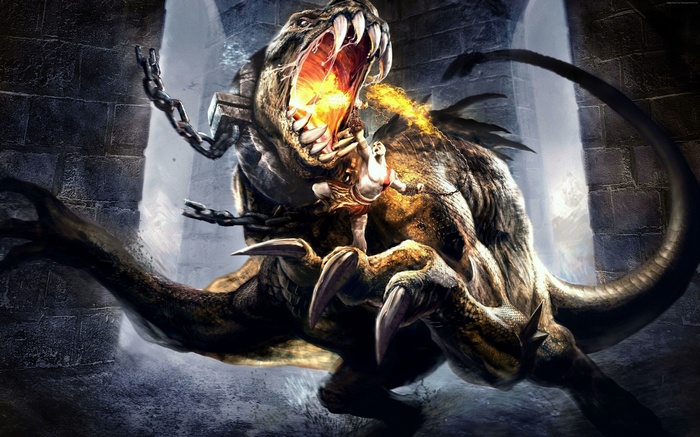 Kratos fighting a chained monster in God of War