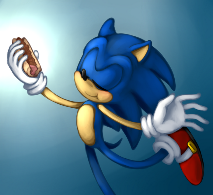 Sonic the Hedgehog holding a hot dog