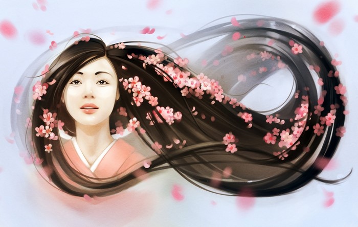 Artwork of an Asian woman with long hair and cherry blossoms