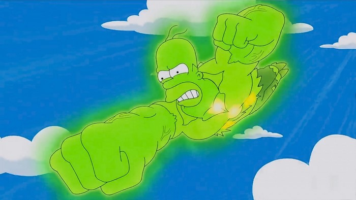 Homer Simpson as Green Lantern flying