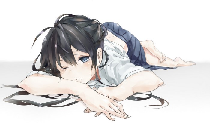 Anime girl with black hair lying down