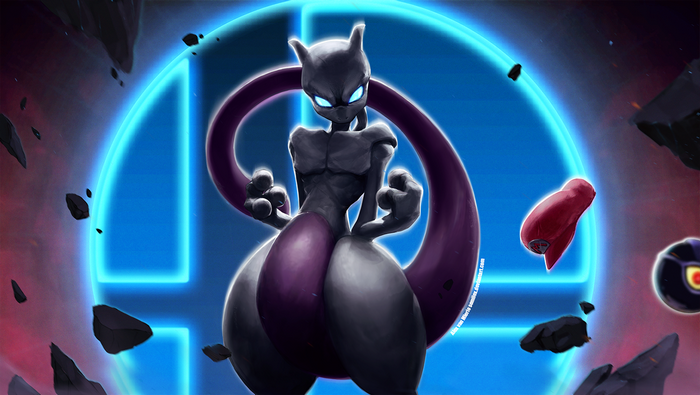 Mewtwo from Pokemon in front of Smash Bros. logo