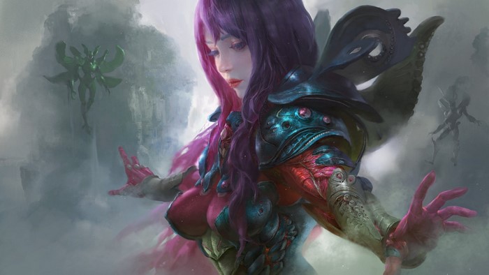 Fantasy art of a woman with purple hair and armor