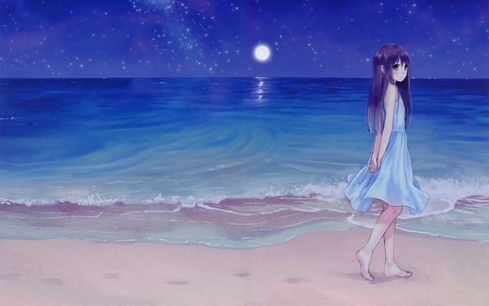 Anime girl in blue dress on beach at night