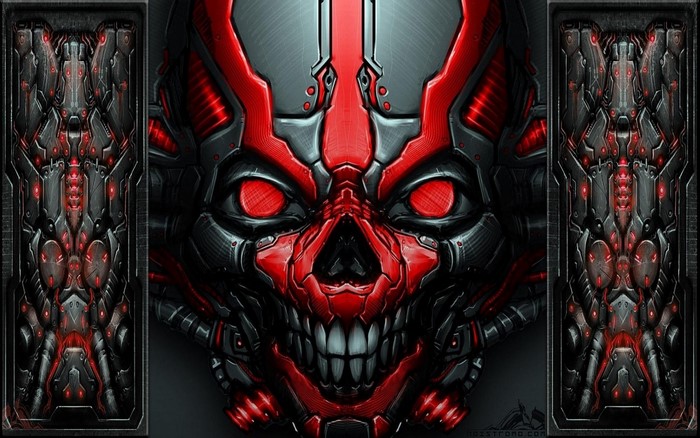 Mechanical Skull with Red Eyes and Ornate Panels