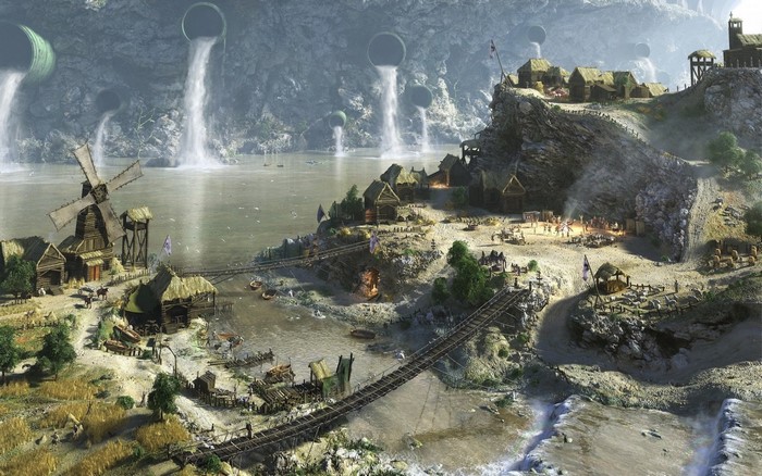 Fantasy village with waterfalls and a windmill