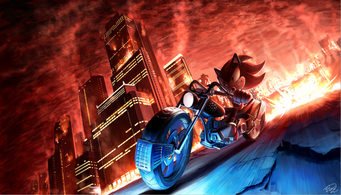 Shadow the Hedgehog Riding Motorcycle in Fiery City