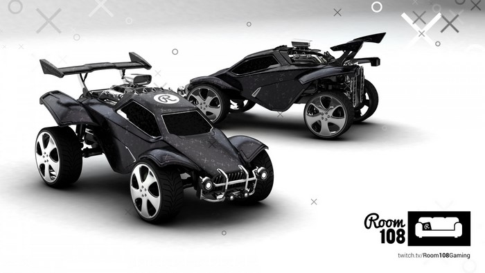 Two black Rocket League cars with Room 108 logo