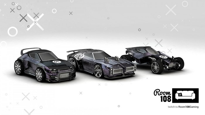 Three Rocket League cars with galaxy paint jobs