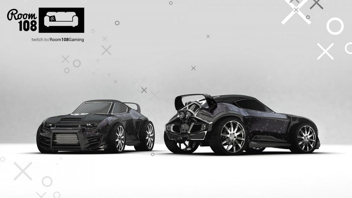 Two Rocket League cars with Room 108 logo