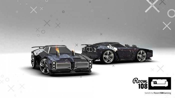 Two Rocket League cars with flames from exhaust pipes