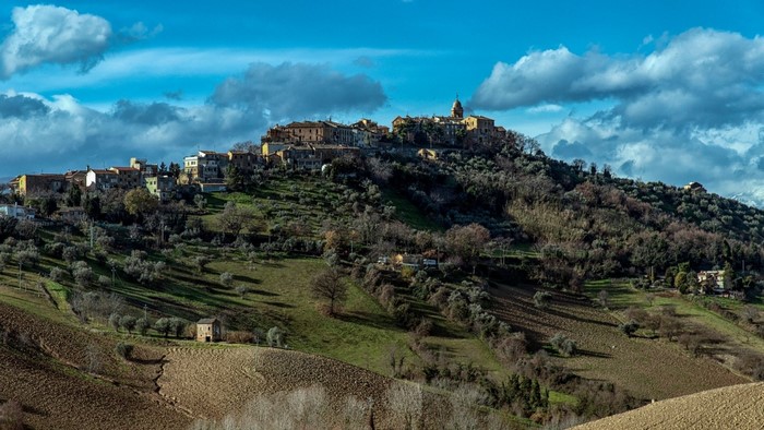 Village on a hill with olive trees and fields
