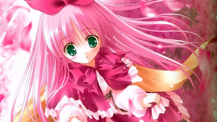 Anime girl with pink hair and green eyes