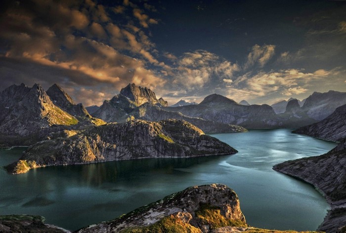 Sunset Over Lofoten Mountains and Fjord