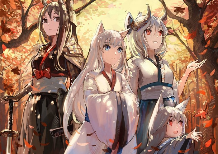 Four anime girls with animal ears and horns in a forest