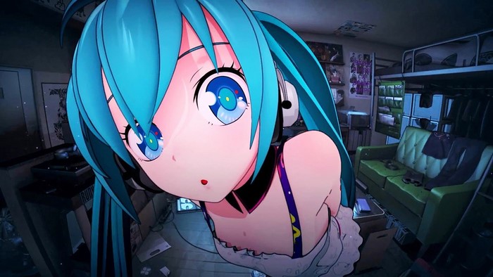 Hatsune Miku from Vocaloid in a room
