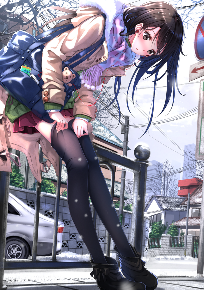 Anime girl in winter clothes with thigh highs