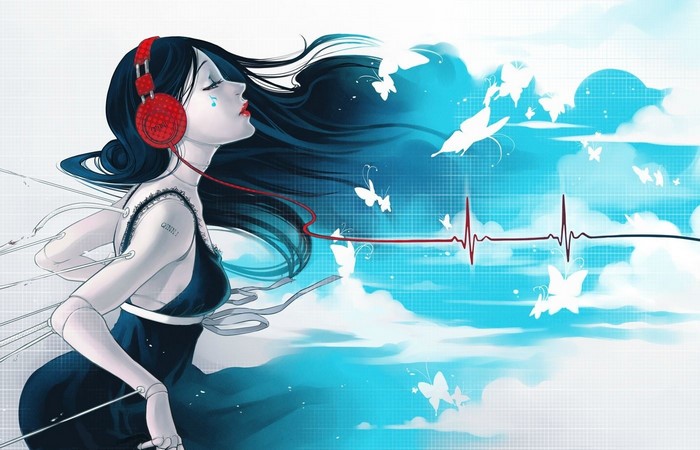 Anime girl with headphones listening to music