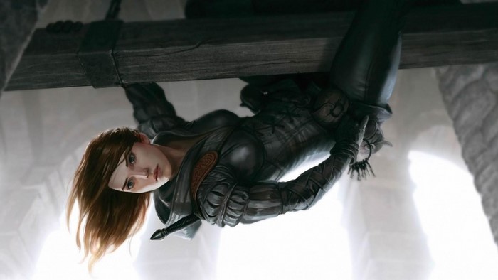 Woman in leather armor hanging from a beam