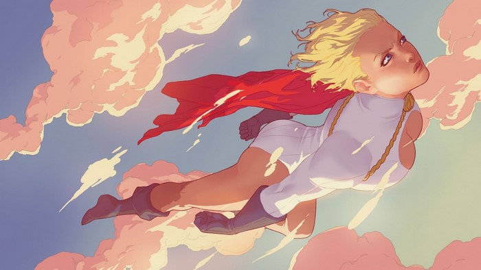 Power Girl flying through clouds