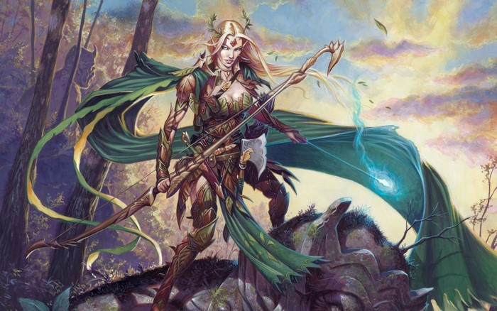 Elf warrior with bow and axe in forest