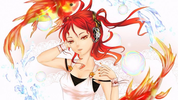 Anime girl with red hair and goldfish
