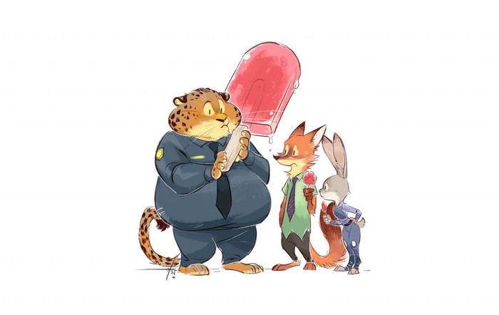 Benjamin Clawhauser, Nick Wilde, and Judy Hopps from Zootopia with popsicles