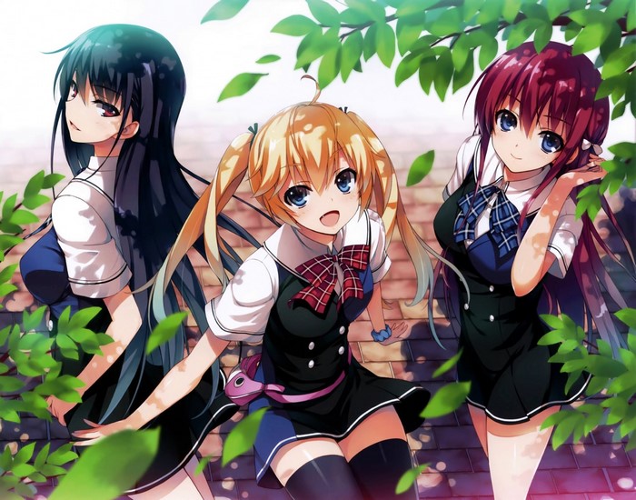 Three anime girls from Grisaia no Kajitsu in school uniforms