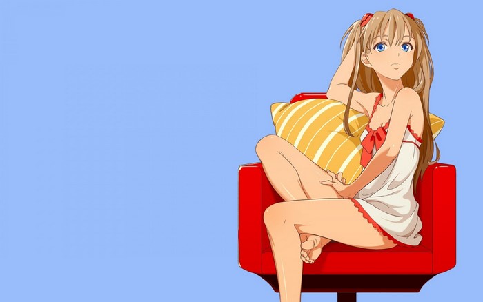 Asuka Langley Soryu from Neon Genesis Evangelion sitting on a chair
