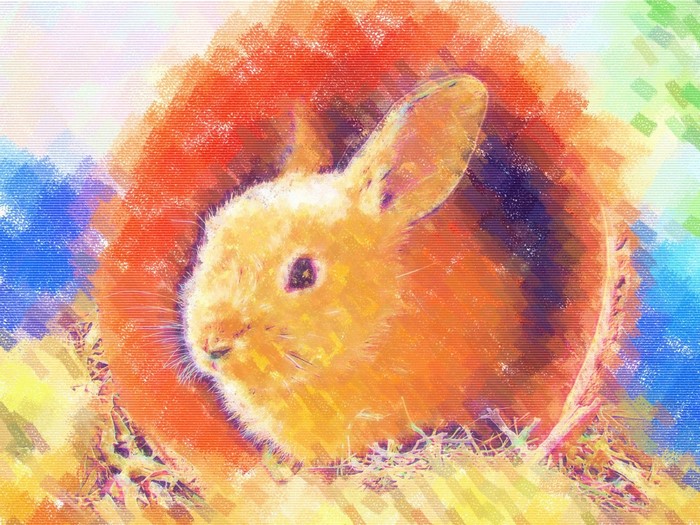 Painting of a rabbit in a colorful burrow